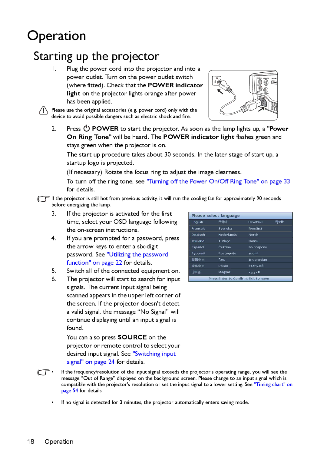 BenQ MS524/MS514H/MX525/MW526/TW526 user manual Operation, Starting up the projector 