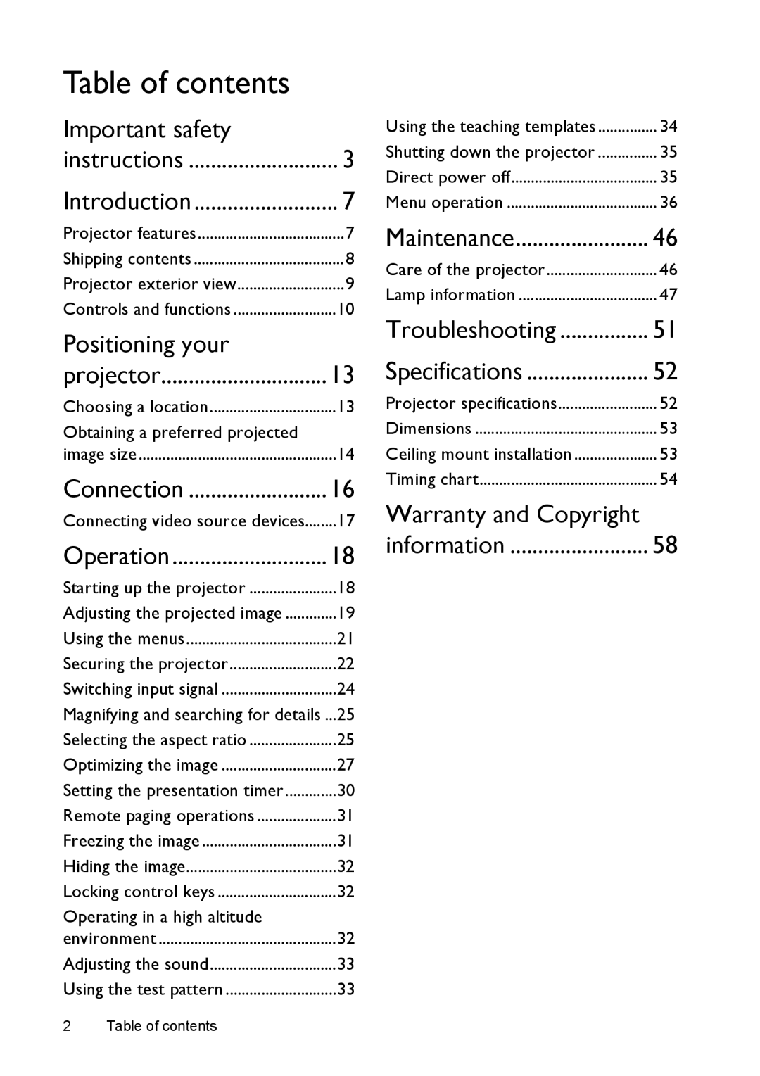 BenQ MS524/MS514H/MX525/MW526/TW526 user manual Table of contents 