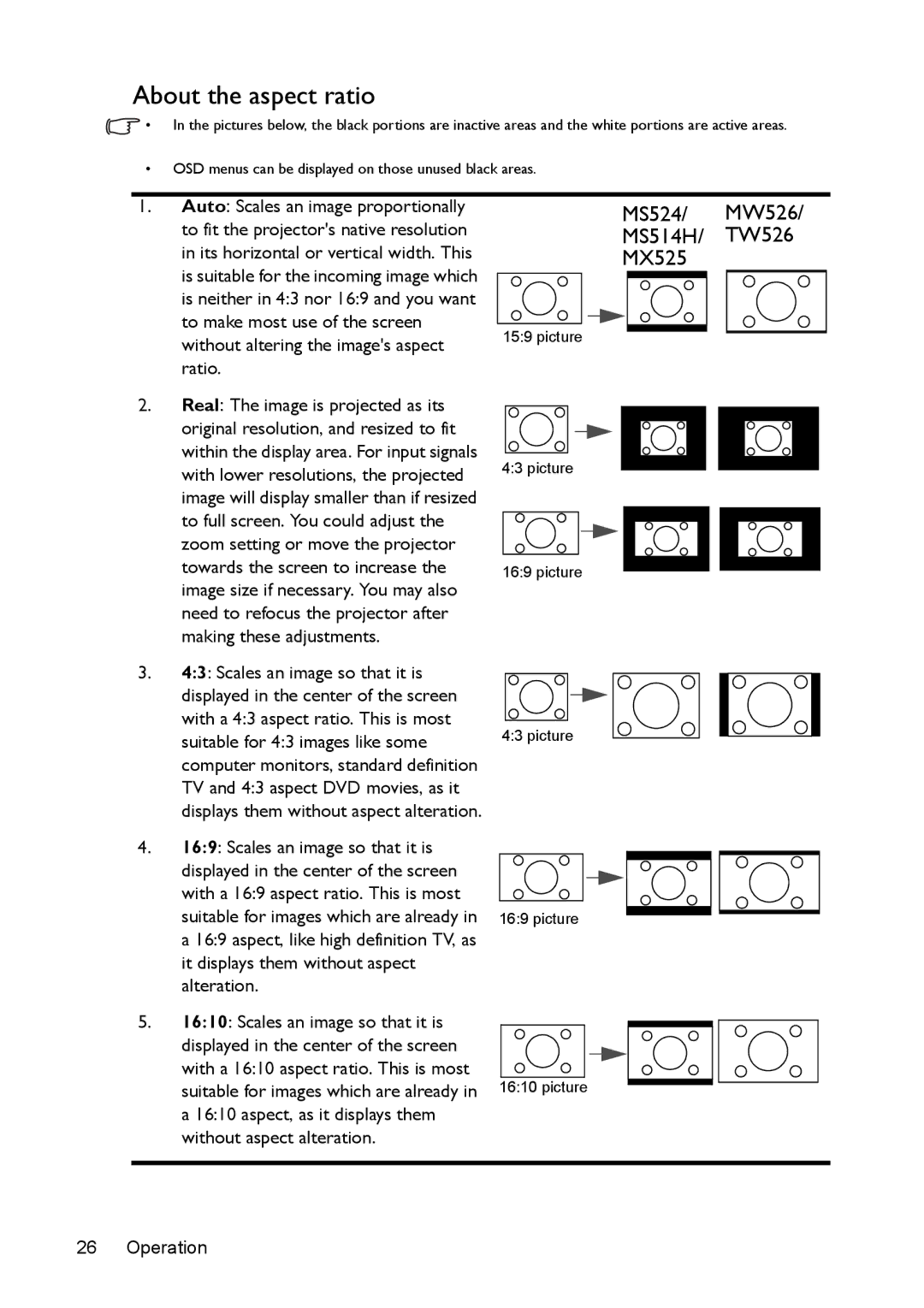 BenQ MS524/MS514H/MX525/MW526/TW526 user manual About the aspect ratio, MS524/ MW526/ MS514H/ TW526 MX525 