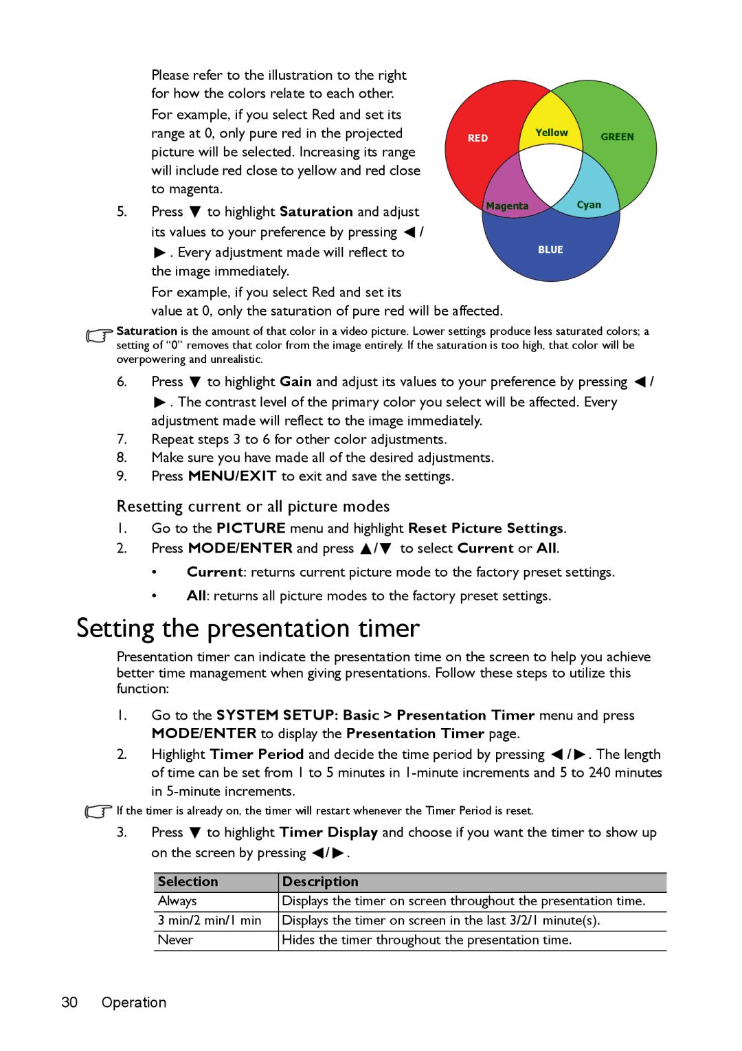 BenQ MS524/MS514H/MX525/MW526/TW526 user manual Setting the presentation timer, Resetting current or all picture modes 