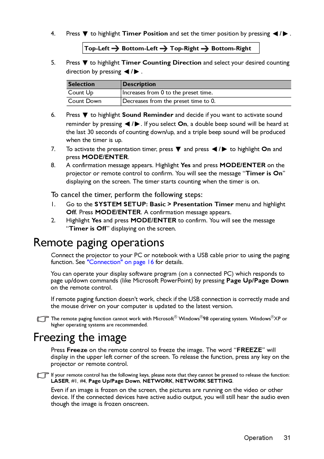 BenQ MS524/MS514H/MX525/MW526/TW526 user manual Remote paging operations, Freezing the image 