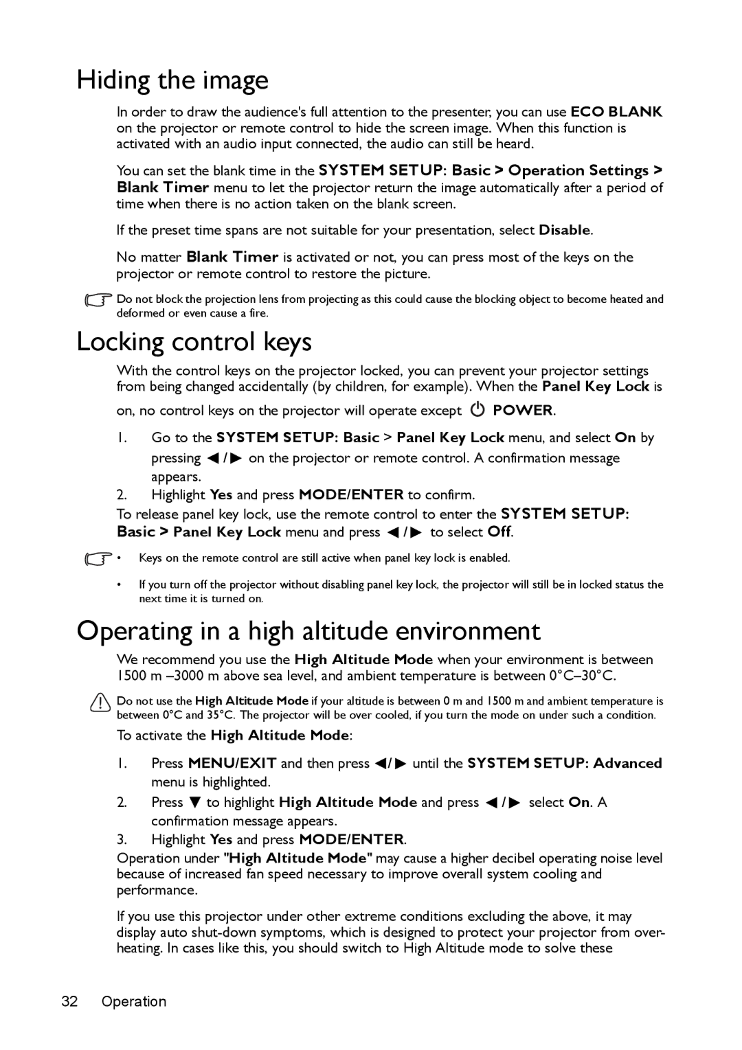 BenQ MS524/MS514H/MX525/MW526/TW526 Hiding the image, Locking control keys, Operating in a high altitude environment 