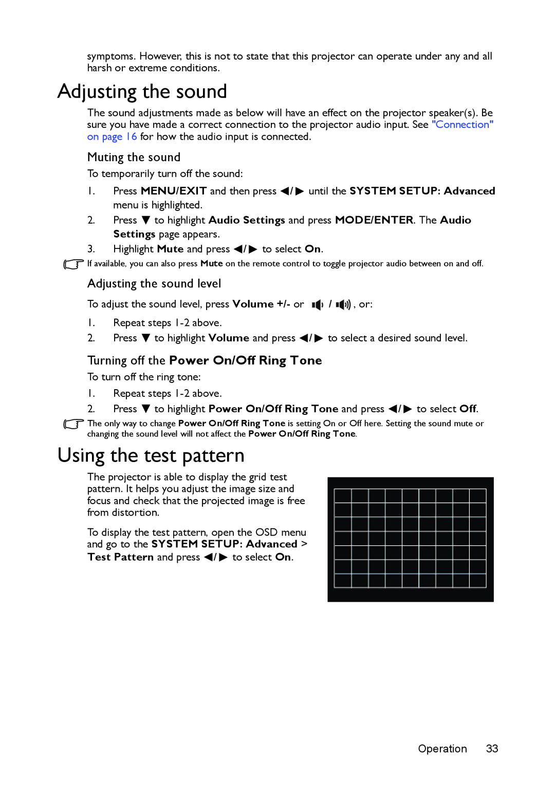 BenQ MS524/MS514H/MX525/MW526/TW526 user manual Adjusting the sound, Using the test pattern, Muting the sound 