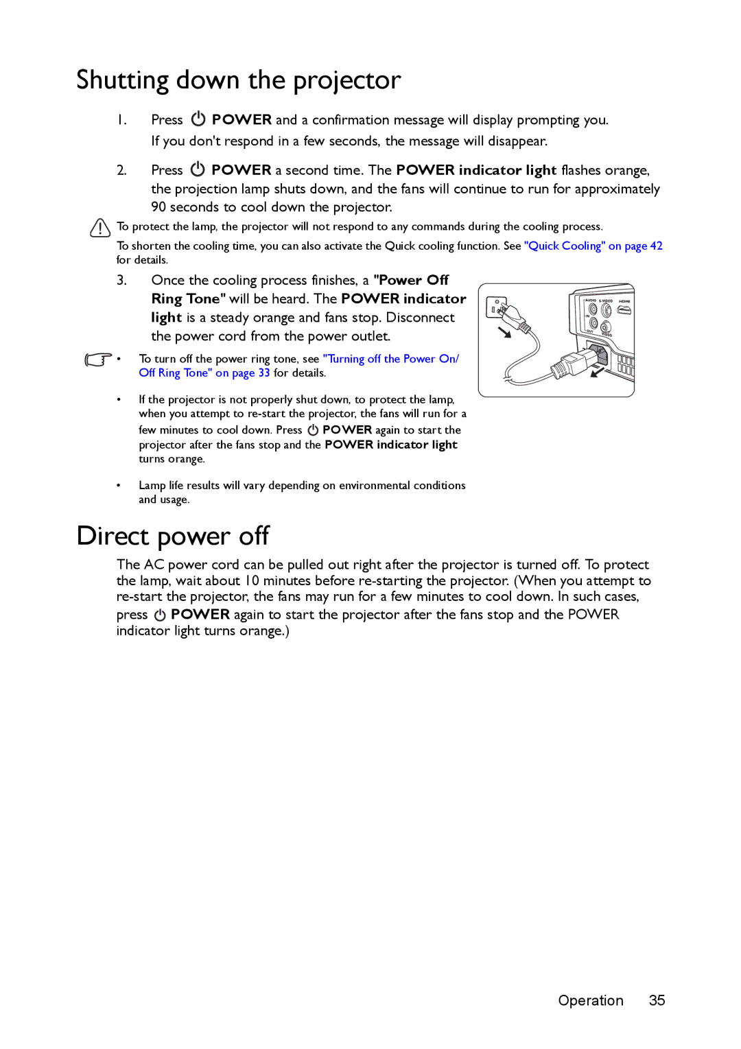 BenQ MS524/MS514H/MX525/MW526/TW526 user manual Shutting down the projector, Direct power off 