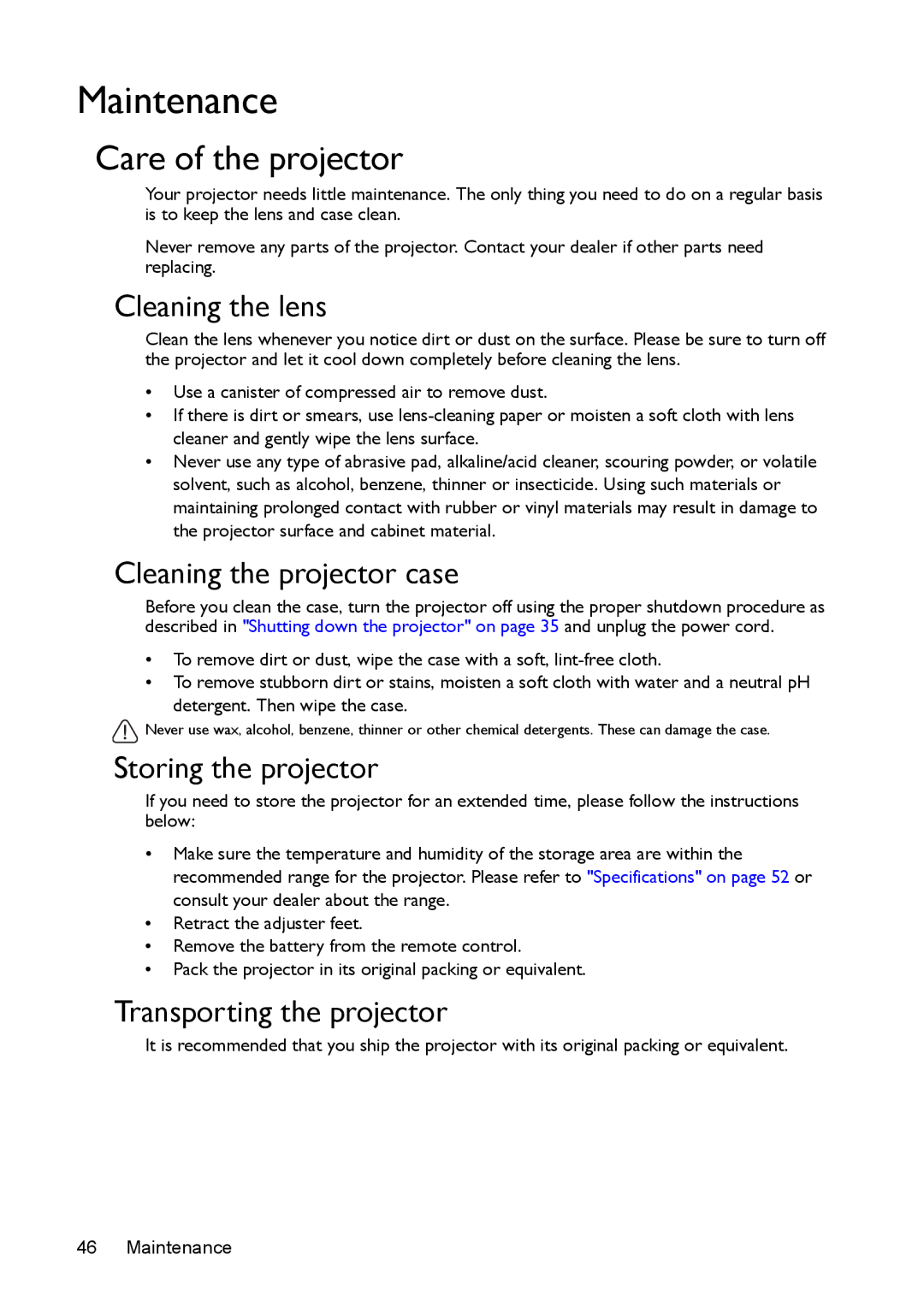 BenQ MS524/MS514H/MX525/MW526/TW526 user manual Maintenance, Care of the projector 