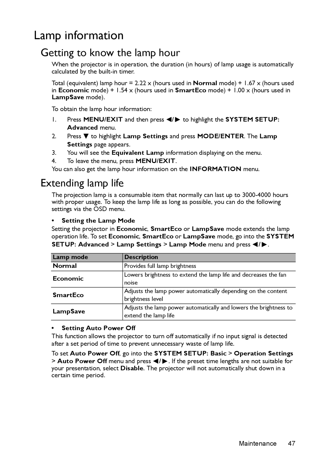 BenQ MS524/MS514H/MX525/MW526/TW526 user manual Lamp information, Getting to know the lamp hour, Extending lamp life 