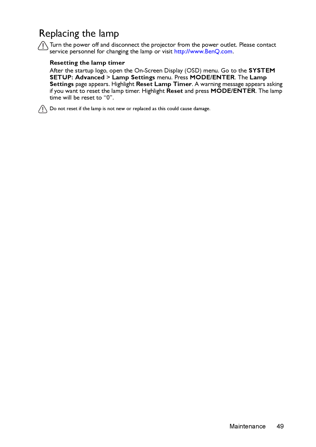 BenQ MS524/MS514H/MX525/MW526/TW526 user manual Replacing the lamp, Resetting the lamp timer 