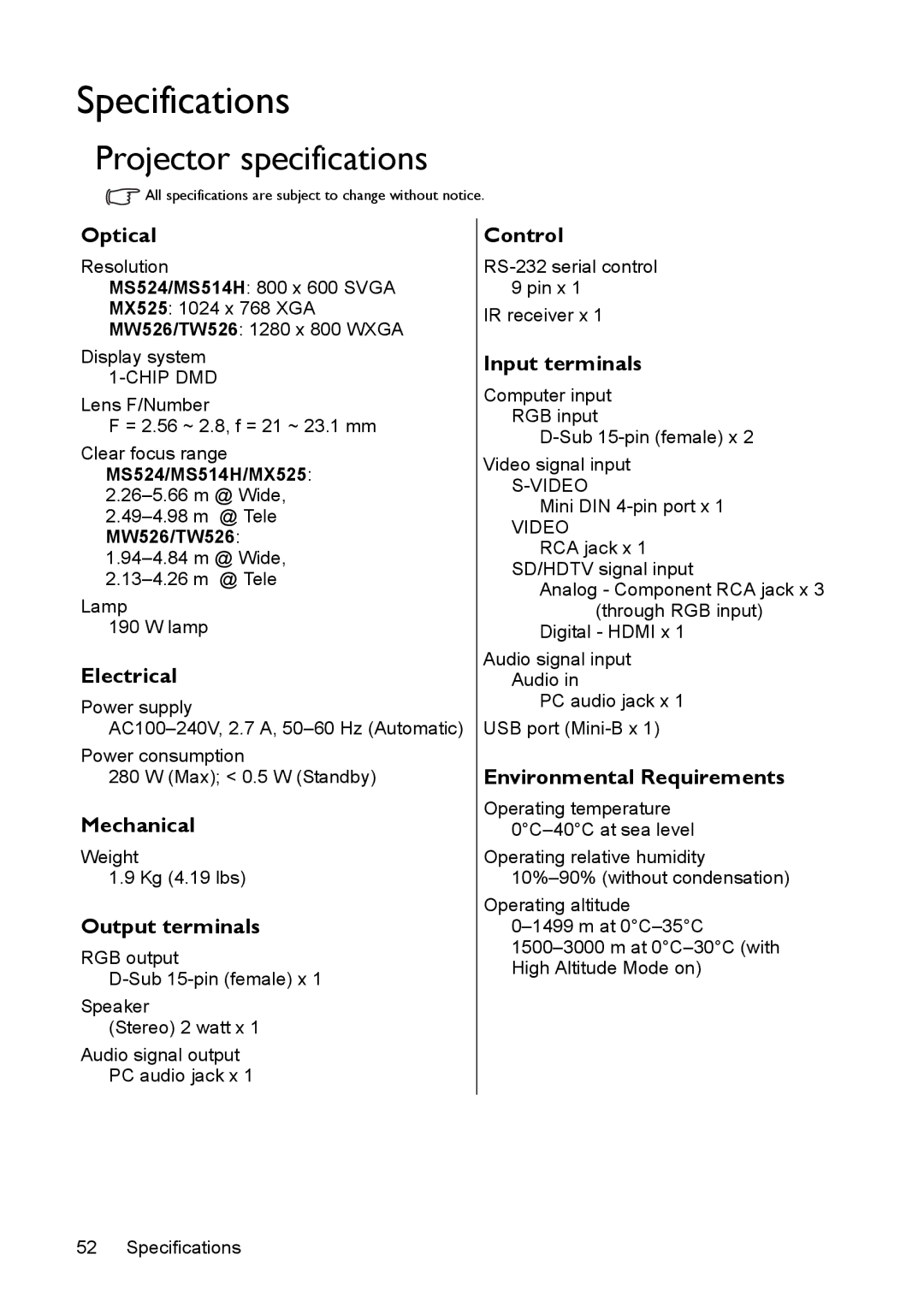 BenQ MS524/MS514H/MX525/MW526/TW526 user manual Specifications, Projector specifications 