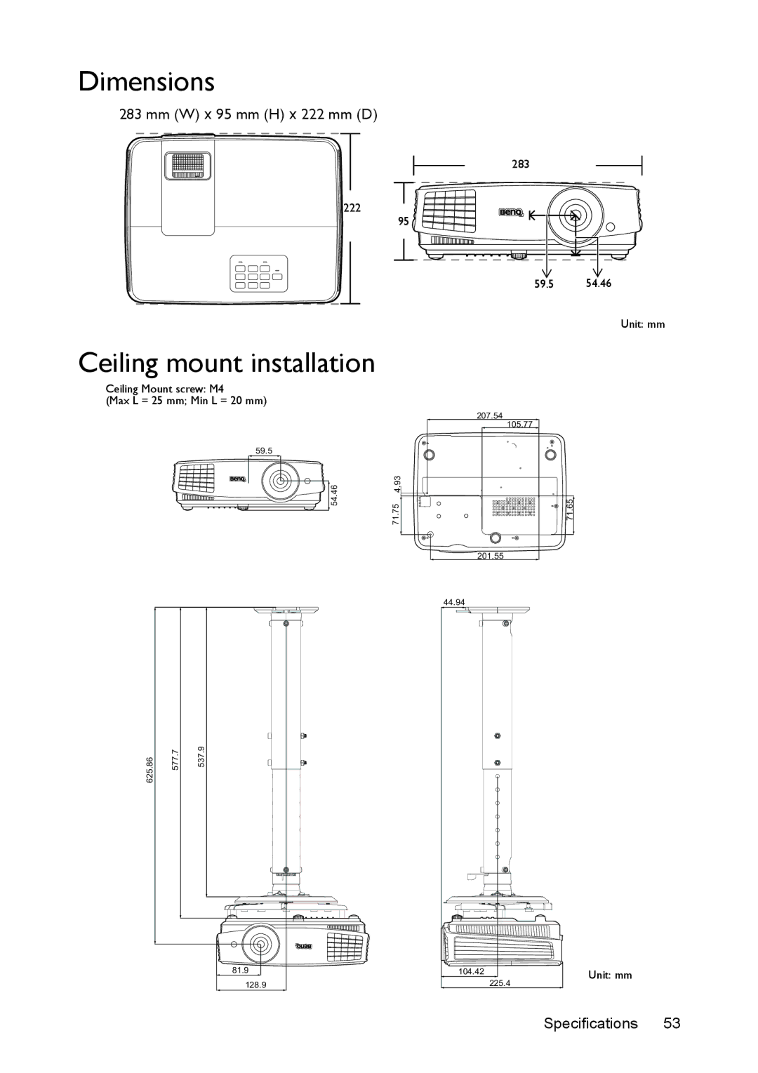 BenQ MS524/MS514H/MX525/MW526/TW526 user manual Dimensions, Ceiling mount installation 