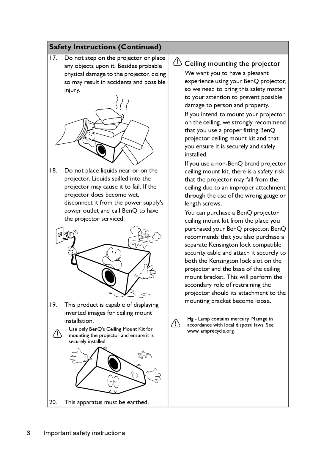 BenQ MS524/MS514H/MX525/MW526/TW526 user manual Ceiling mounting the projector 