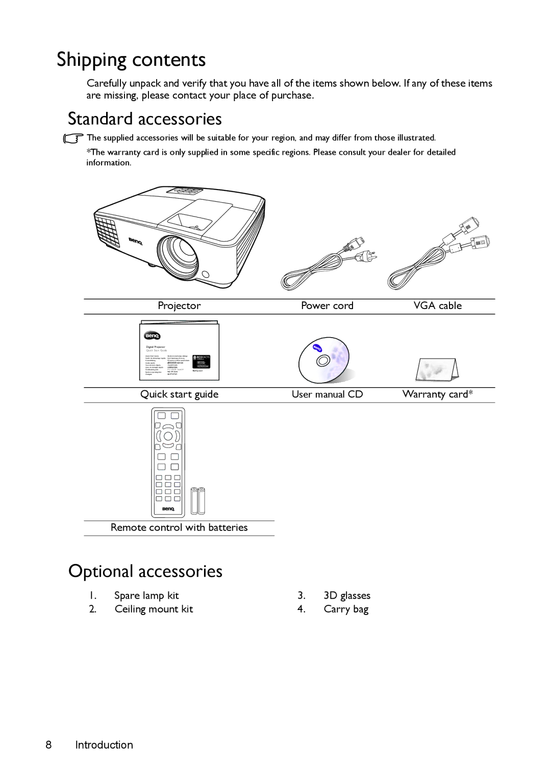 BenQ MS524/MS514H/MX525/MW526/TW526 user manual Shipping contents 