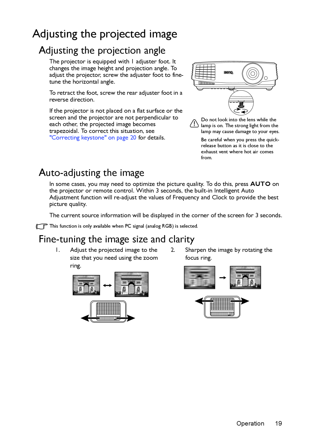 BenQ MS524/MS514H/MX525/MW526/TW526 user manual Adjusting the projected image, Adjusting the projection angle 
