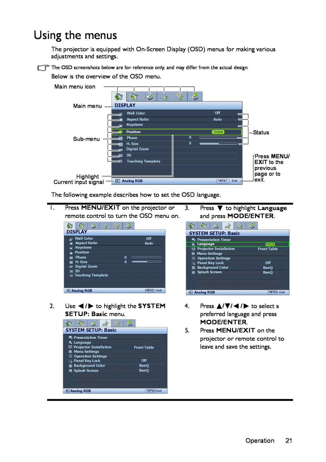 BenQ MS524/MS514H/MX525/MW526/TW526 user manual Using the menus, Main menu icon, Sub-menu, Highlight 