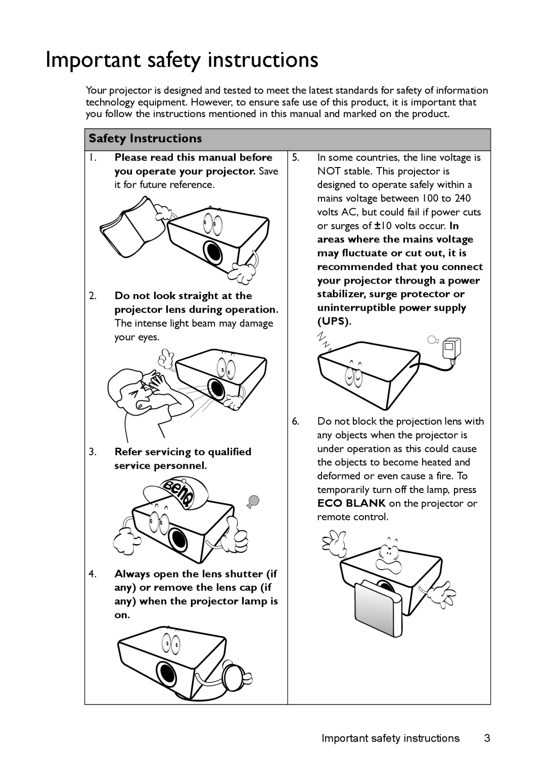 BenQ MS524/MS514H/MX525/MW526/TW526 user manual Important safety instructions, Safety Instructions 
