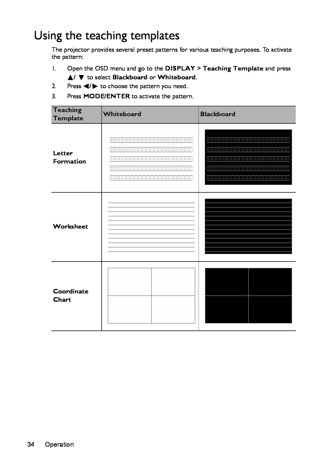 BenQ MS524/MS514H/MX525/MW526/TW526 Using the teaching templates, to select Blackboard or Whiteboard, Teaching, Template 