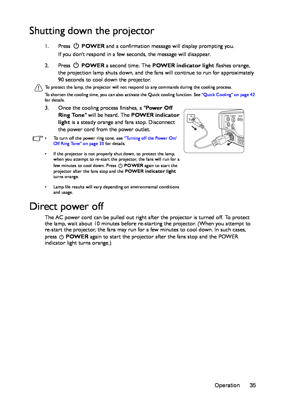 BenQ MS524/MS514H/MX525/MW526/TW526 user manual Shutting down the projector, Direct power off 