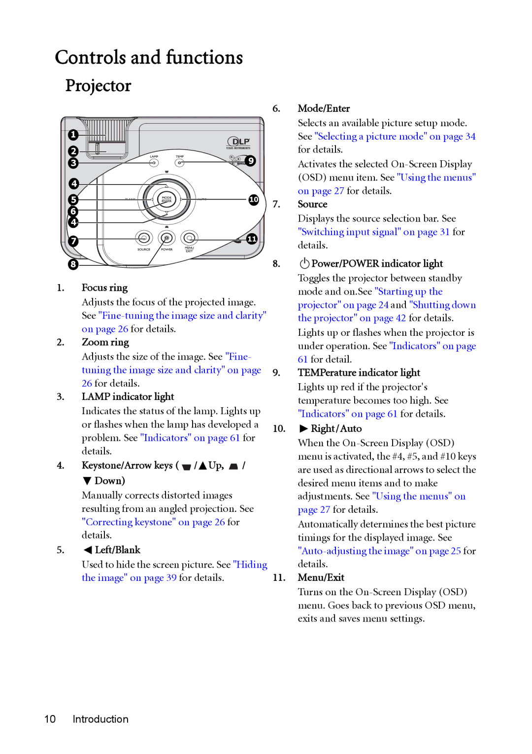 BenQ MW512 user manual Controls and functions, Projector 