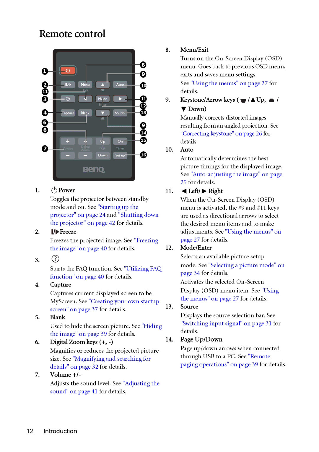 BenQ MW512 user manual Remote control, Up/Down 