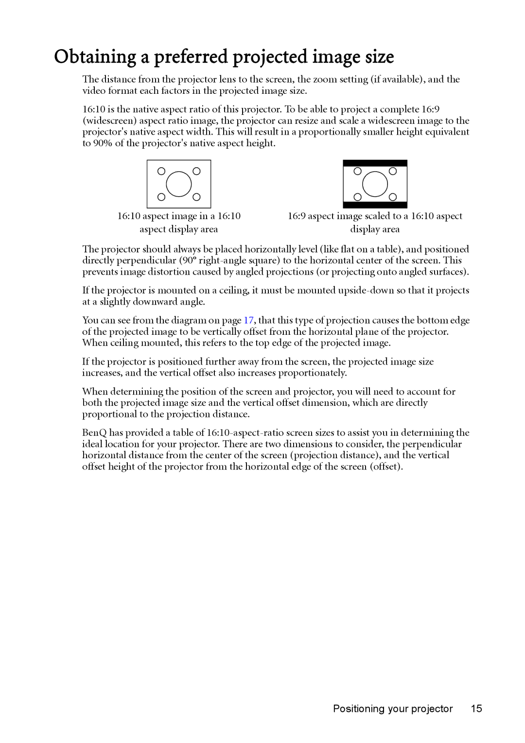 BenQ MW512 user manual Obtaining a preferred projected image size 