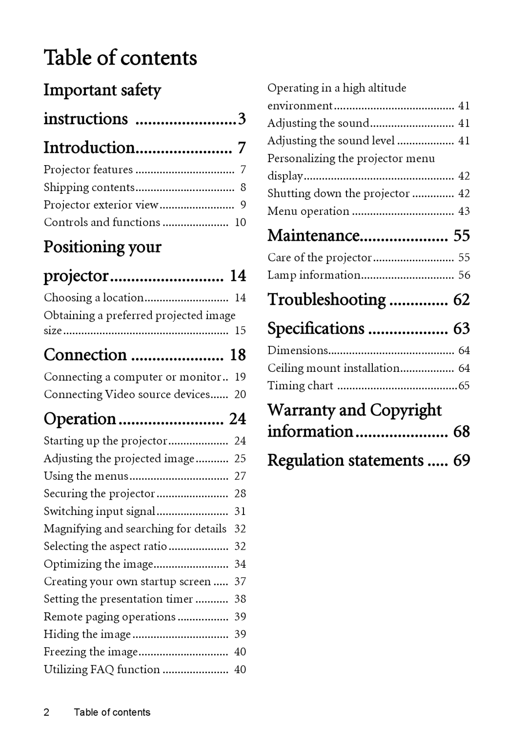 BenQ MW512 user manual Table of contents 