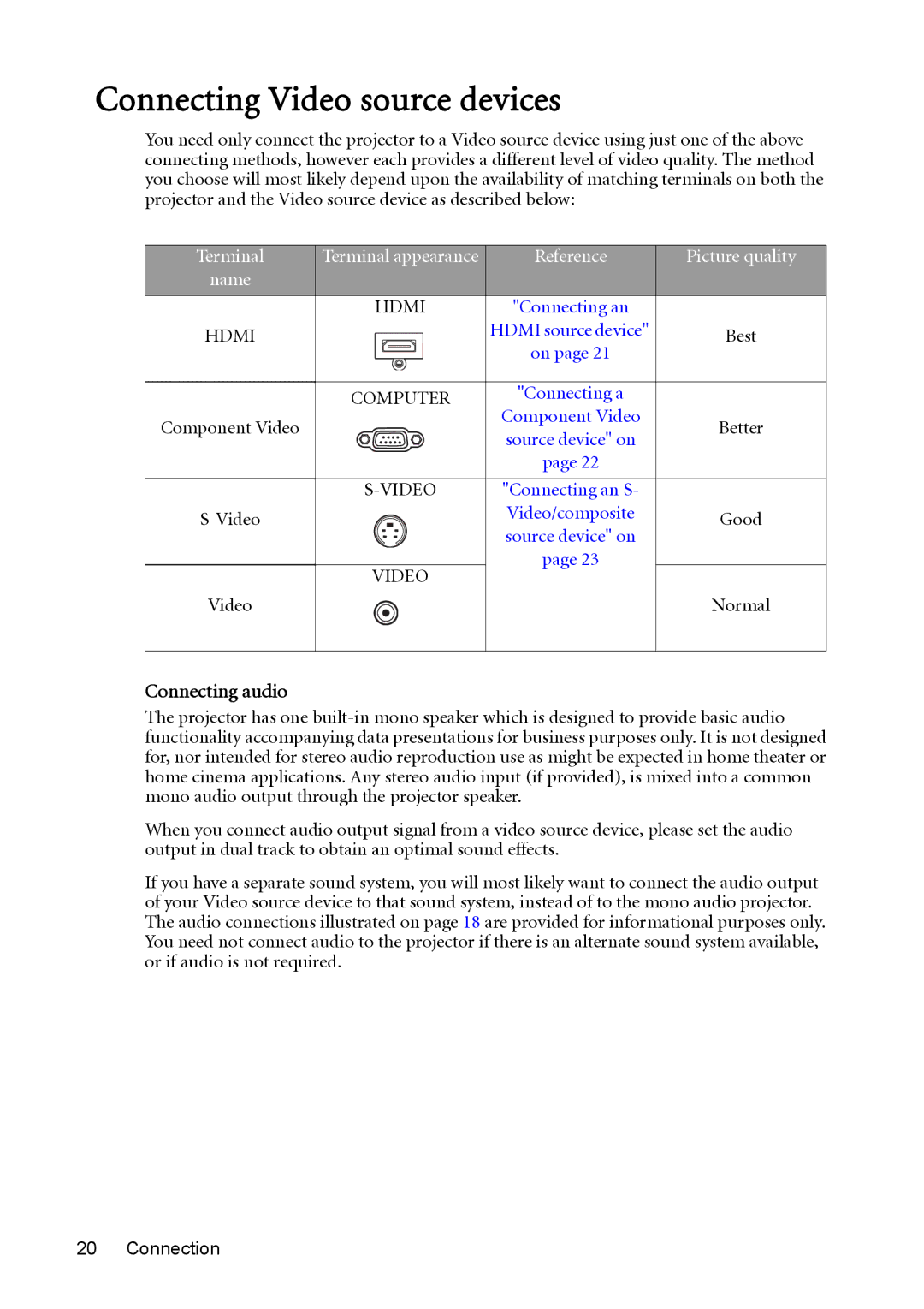 BenQ MW512 user manual Connecting Video source devices, Connecting audio 