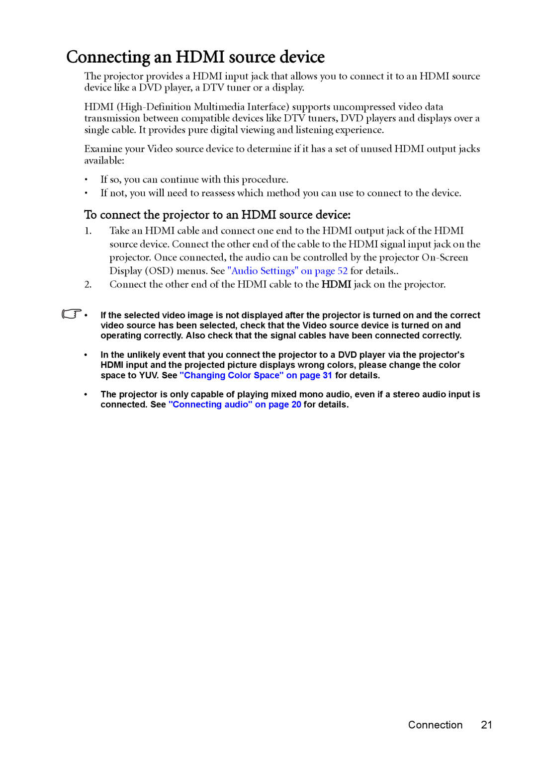 BenQ MW512 user manual Connecting an Hdmi source device, To connect the projector to an Hdmi source device 