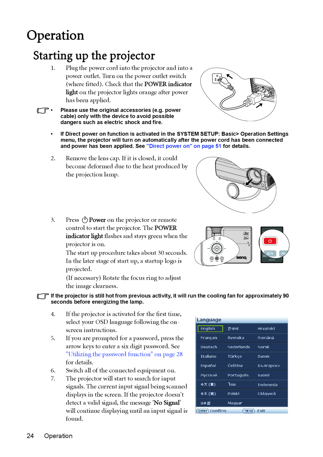 BenQ MW512 user manual Operation, Starting up the projector 