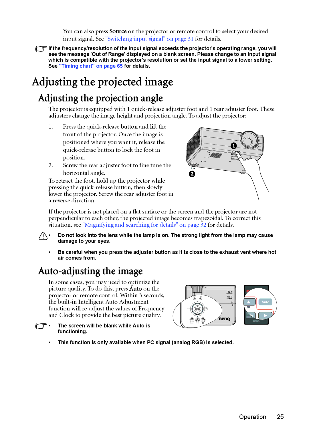 BenQ MW512 user manual Adjusting the projected image, Adjusting the projection angle, Auto-adjusting the image 