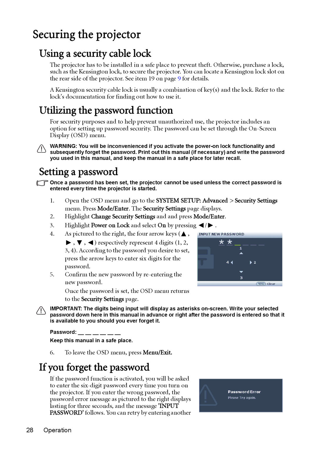 BenQ MW512 Securing the projector, Using a security cable lock, Utilizing the password function, Setting a password 