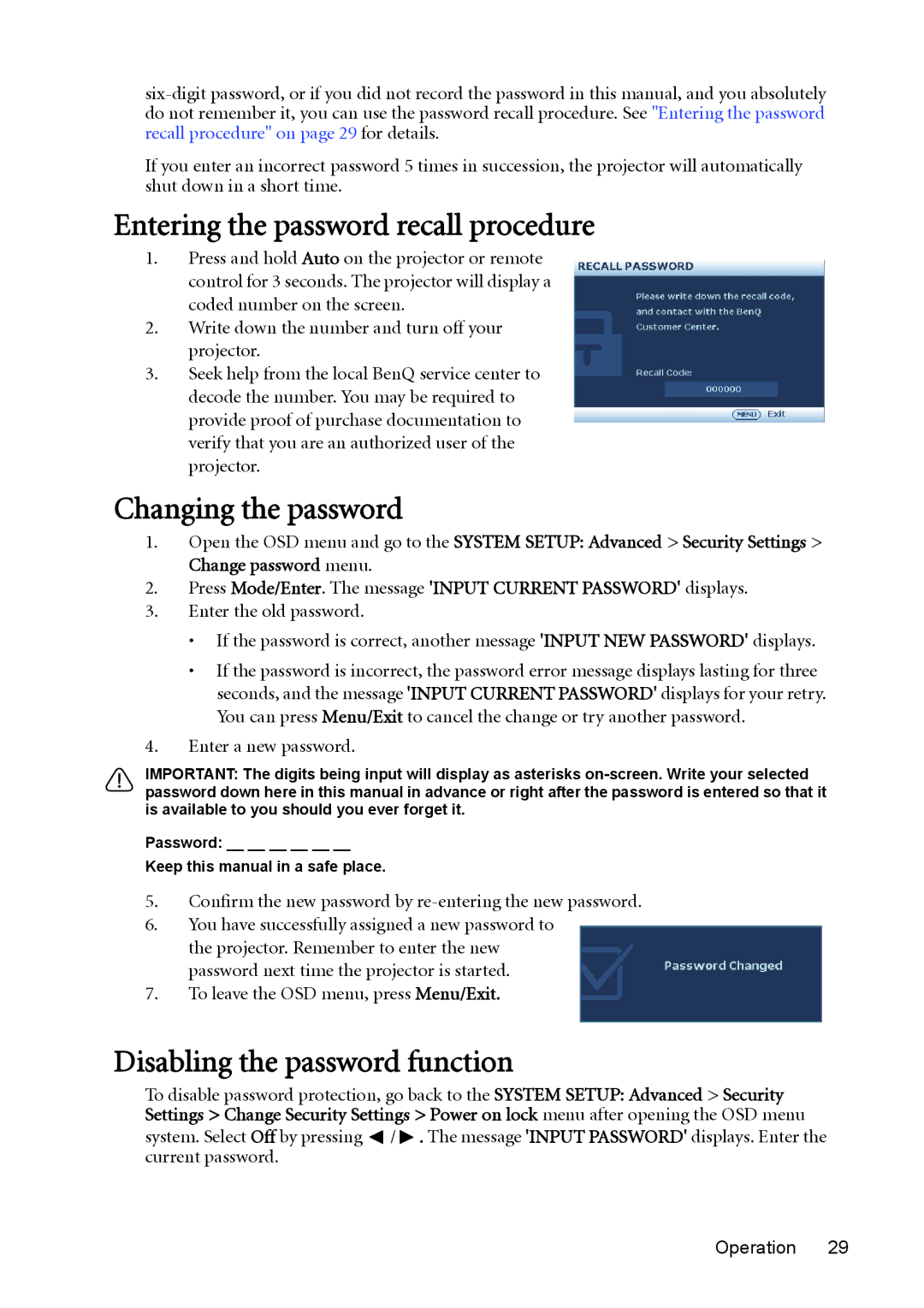 BenQ MW512 user manual Entering the password recall procedure, Changing the password, Disabling the password function 