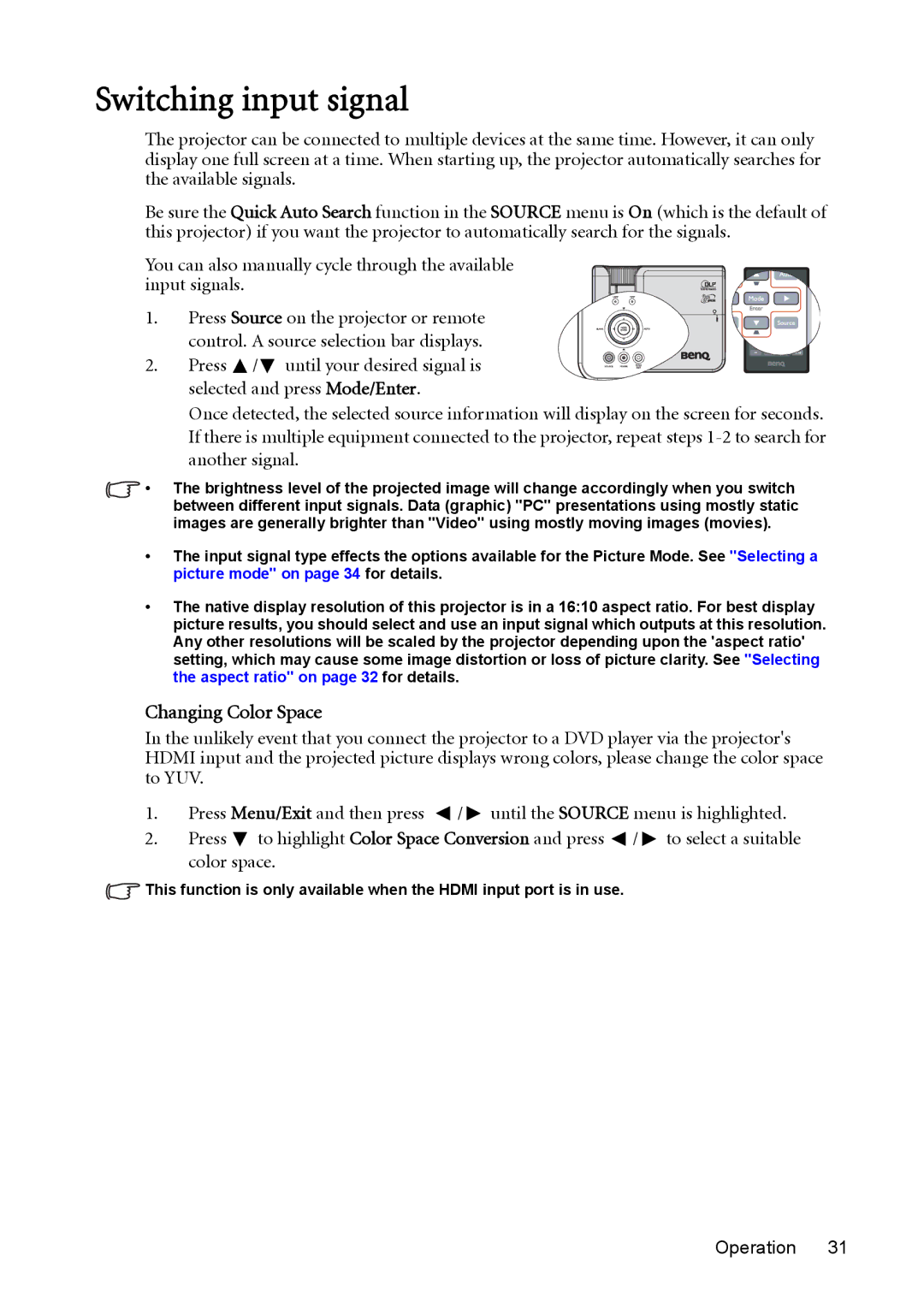 BenQ MW512 user manual Switching input signal, Changing Color Space 