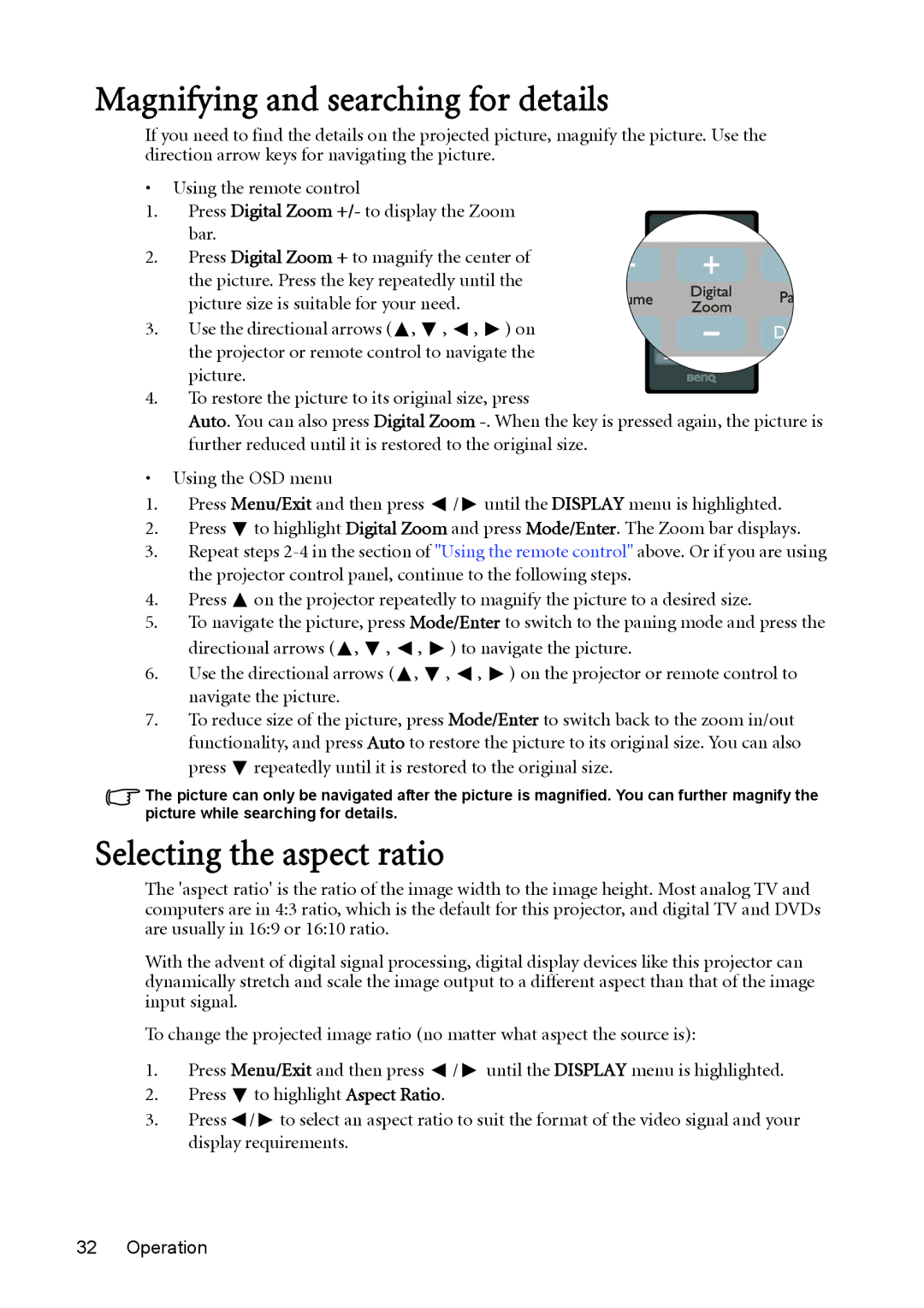 BenQ MW512 user manual Magnifying and searching for details, Selecting the aspect ratio 