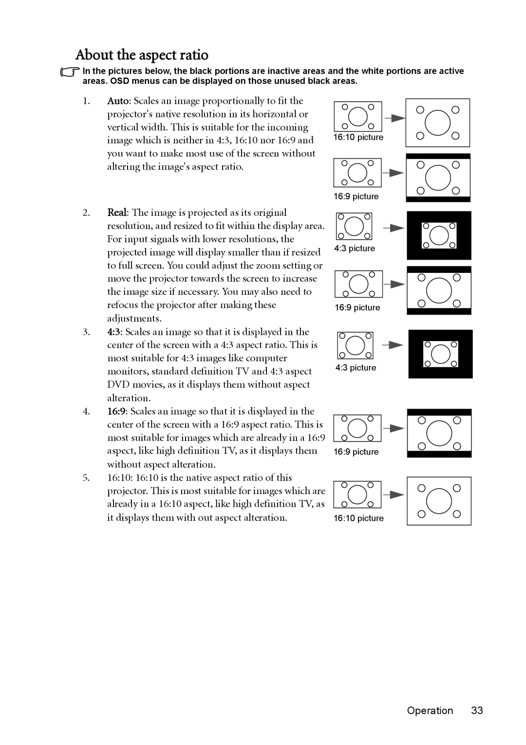 BenQ MW512 user manual About the aspect ratio 