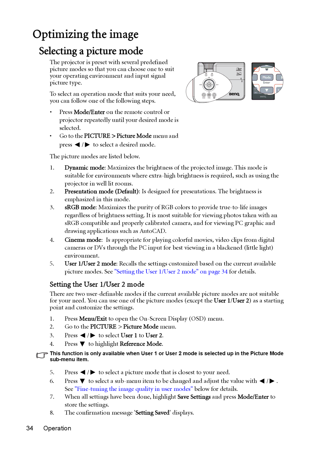 BenQ MW512 user manual Optimizing the image, Selecting a picture mode, Setting the User 1/User 2 mode 