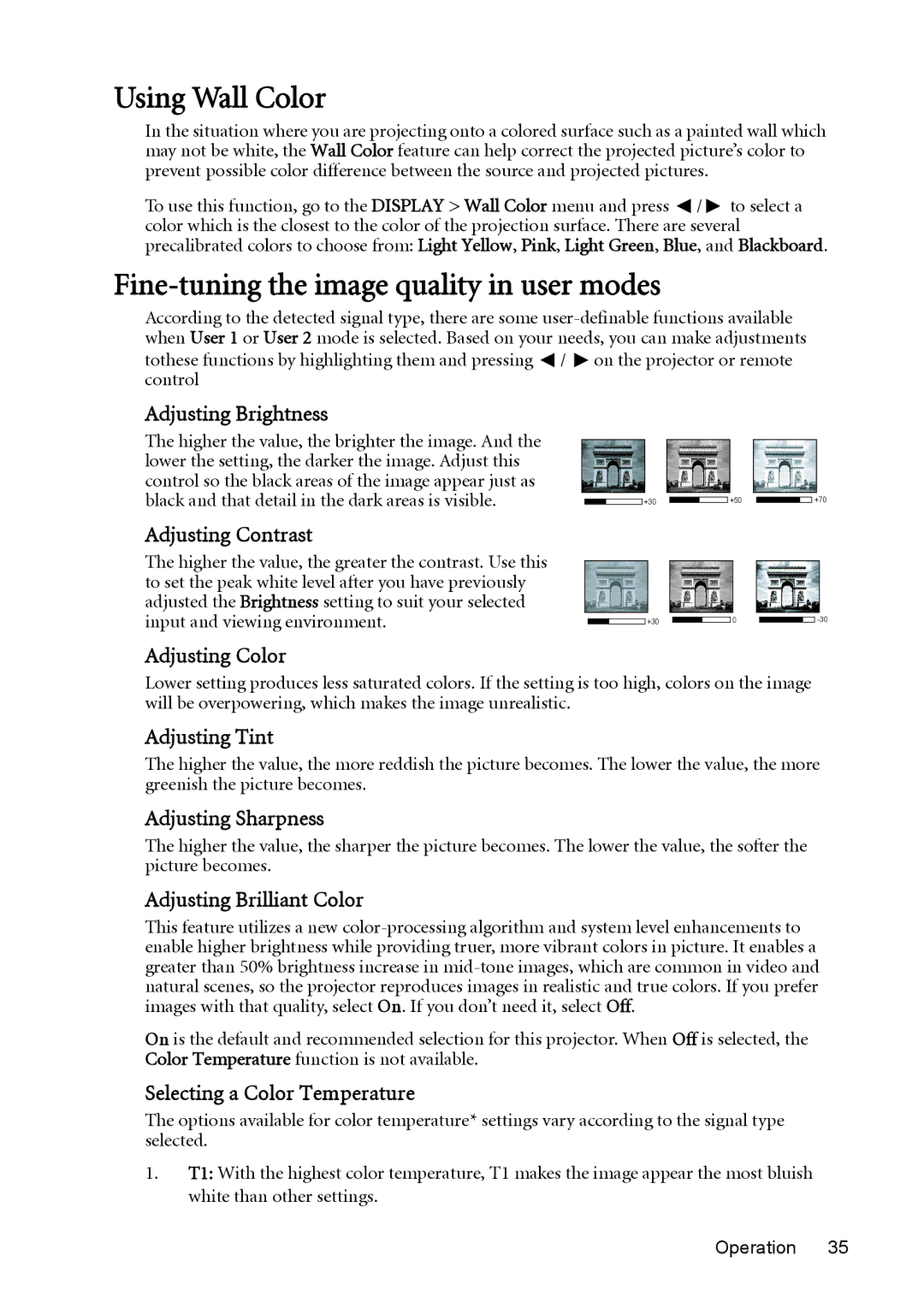BenQ MW512 user manual Using Wall Color, Fine-tuning the image quality in user modes 