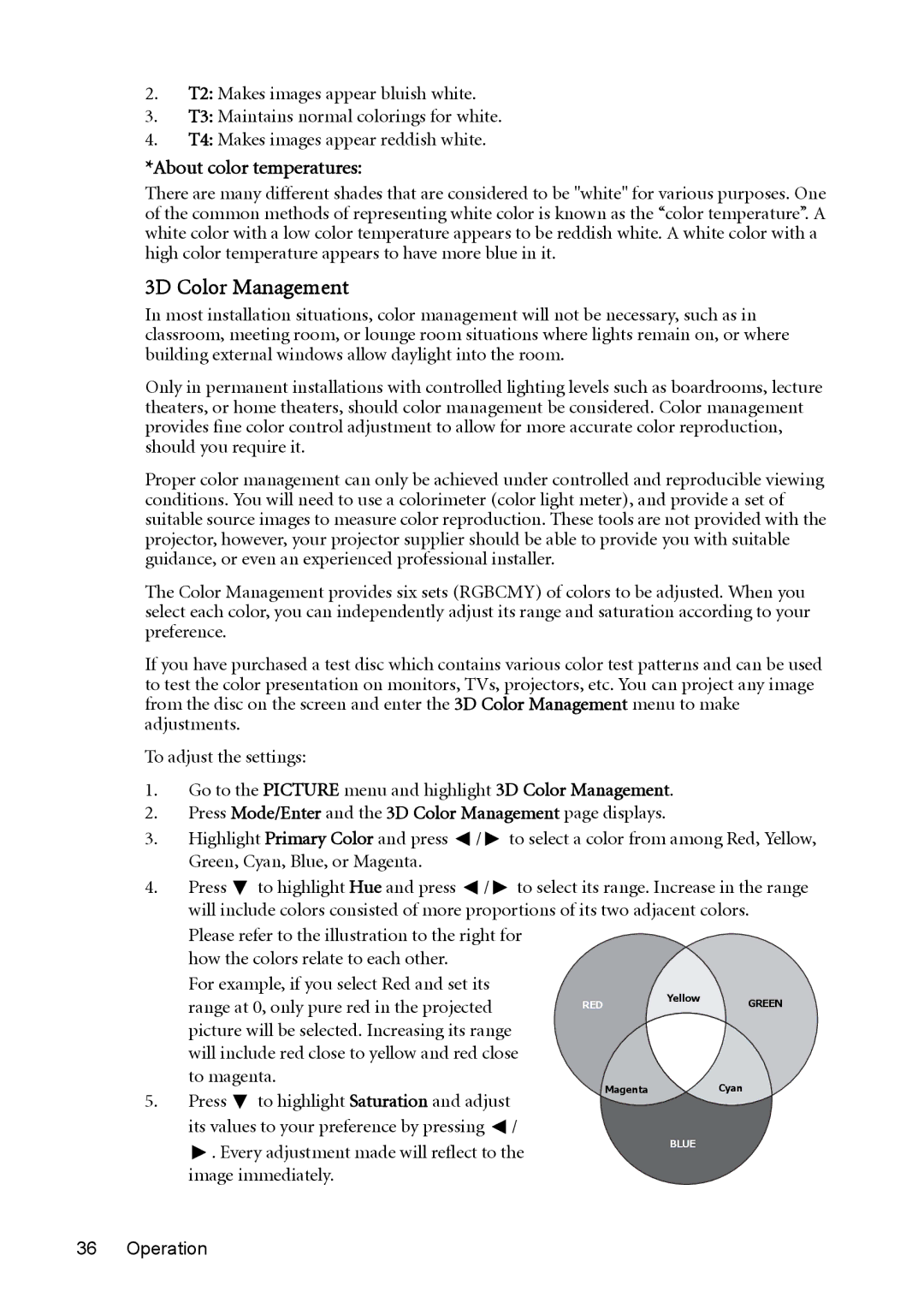 BenQ MW512 user manual About color temperatures, Press Mode/Enter and the 3D Color Management page displays 