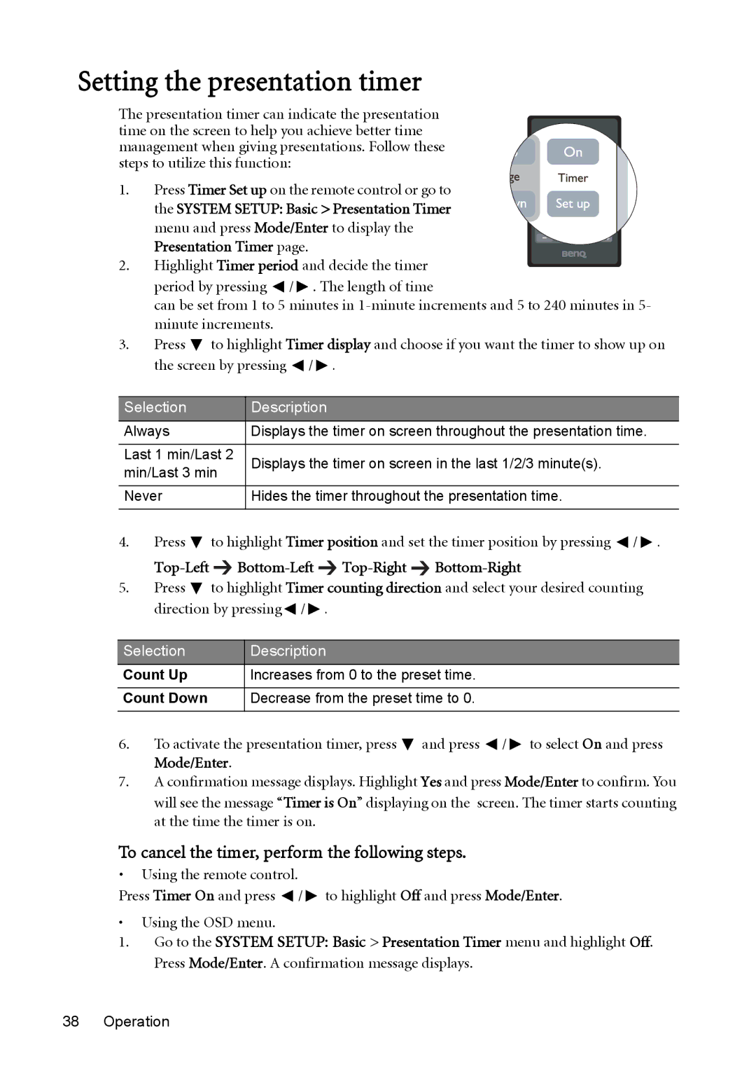 BenQ MW512 user manual Setting the presentation timer, To cancel the timer, perform the following steps, Presentation Timer 