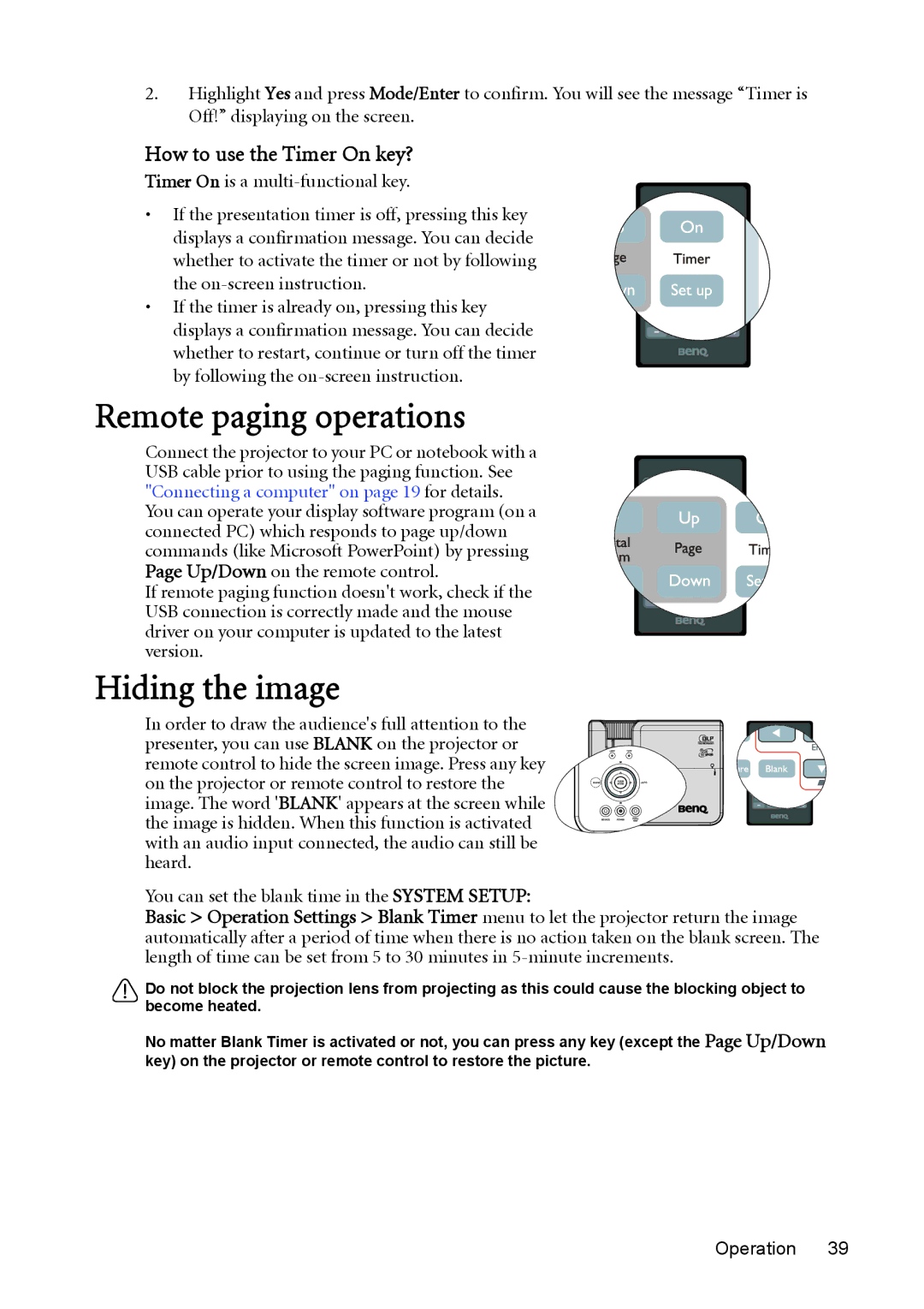 BenQ MW512 user manual Remote paging operations, Hiding the image, How to use the Timer On key? 