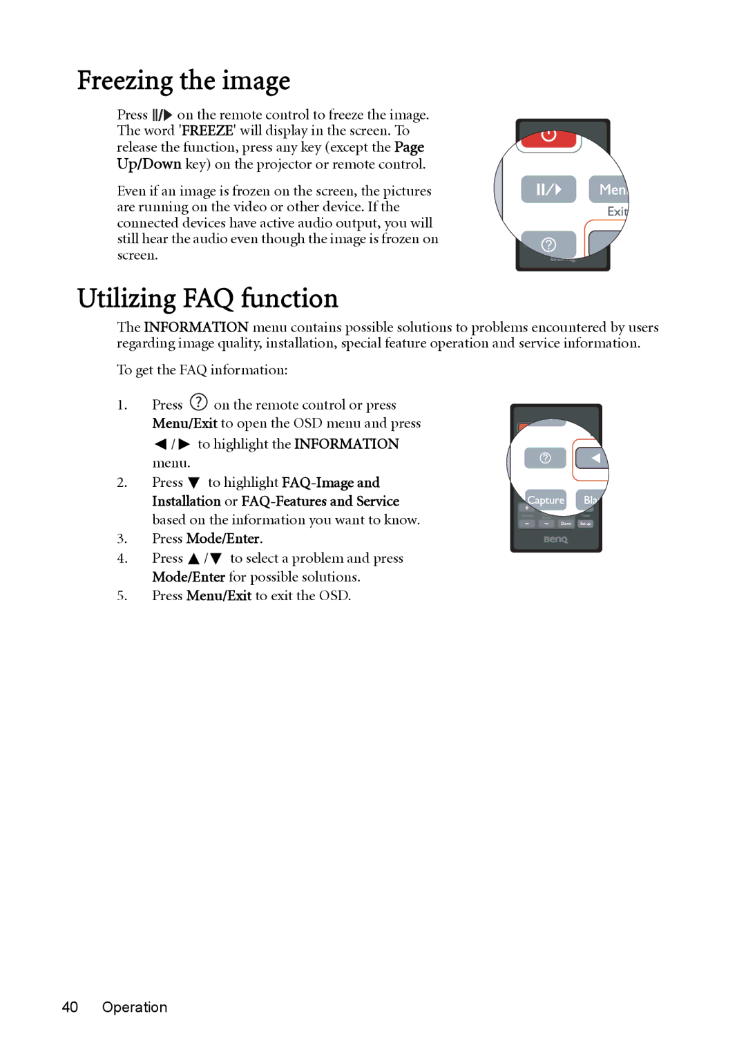 BenQ MW512 user manual Freezing the image, Utilizing FAQ function, To highlight the Information menu 