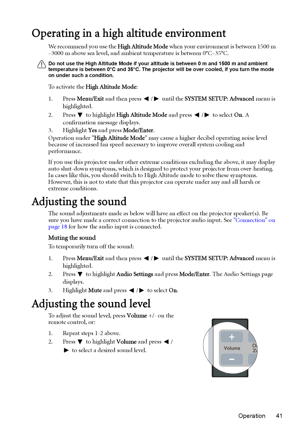 BenQ MW512 user manual Operating in a high altitude environment, Adjusting the sound level, Muting the sound 