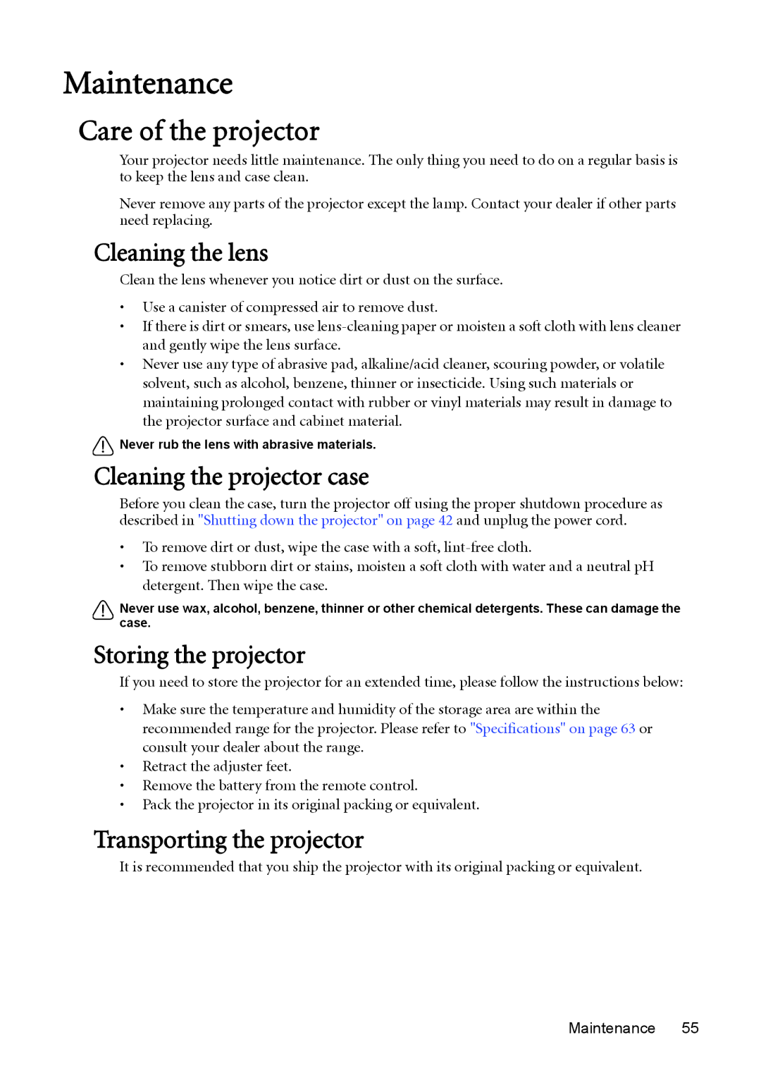 BenQ MW512 user manual Maintenance, Care of the projector 