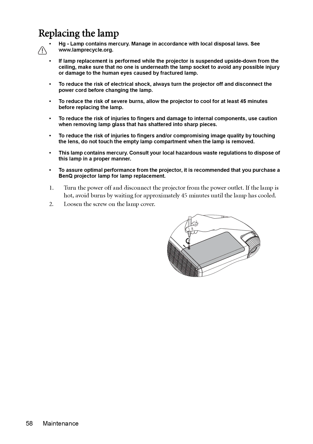 BenQ MW512 user manual Replacing the lamp 