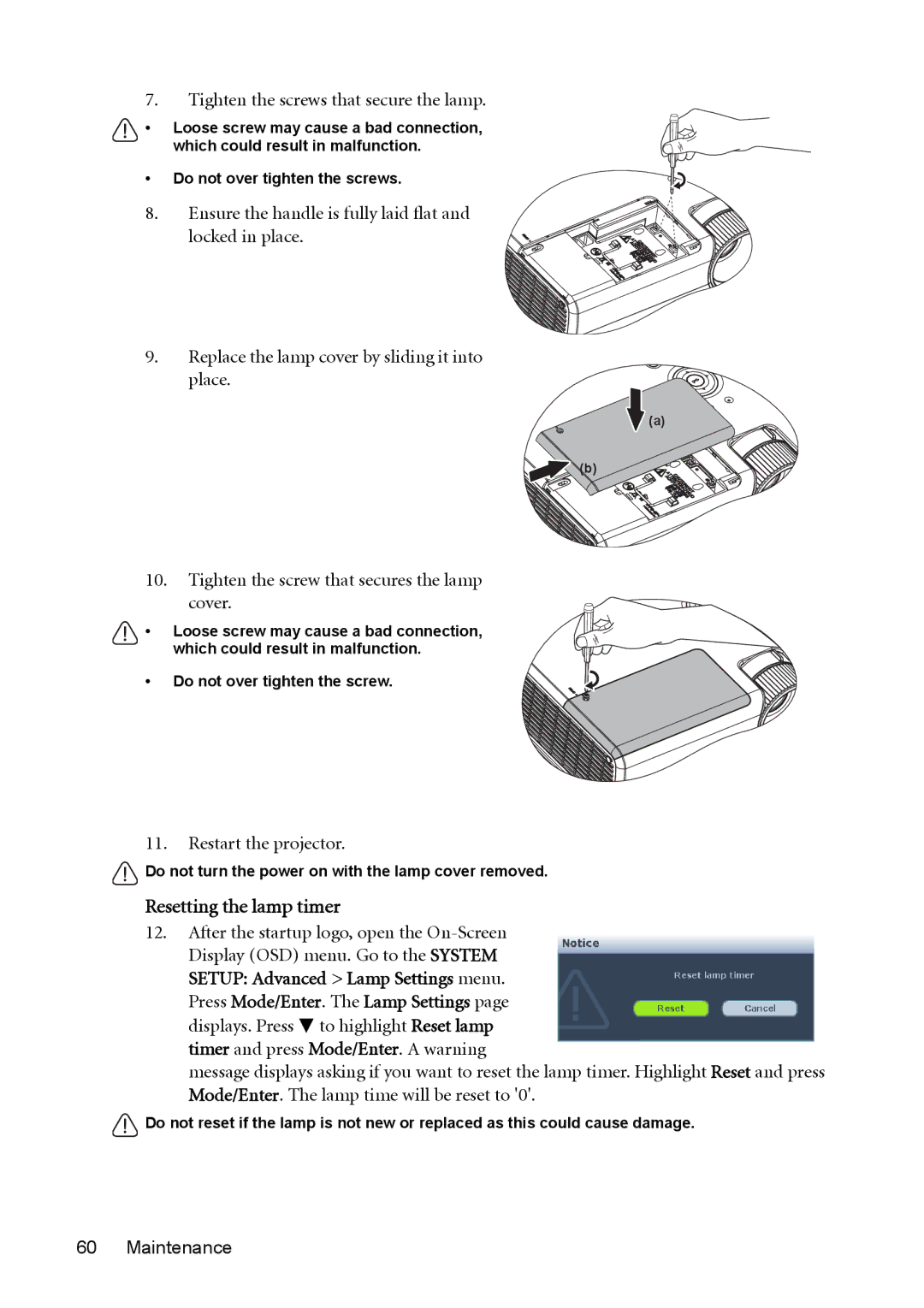 BenQ MW512 user manual Resetting the lamp timer, Tighten the screws that secure the lamp 