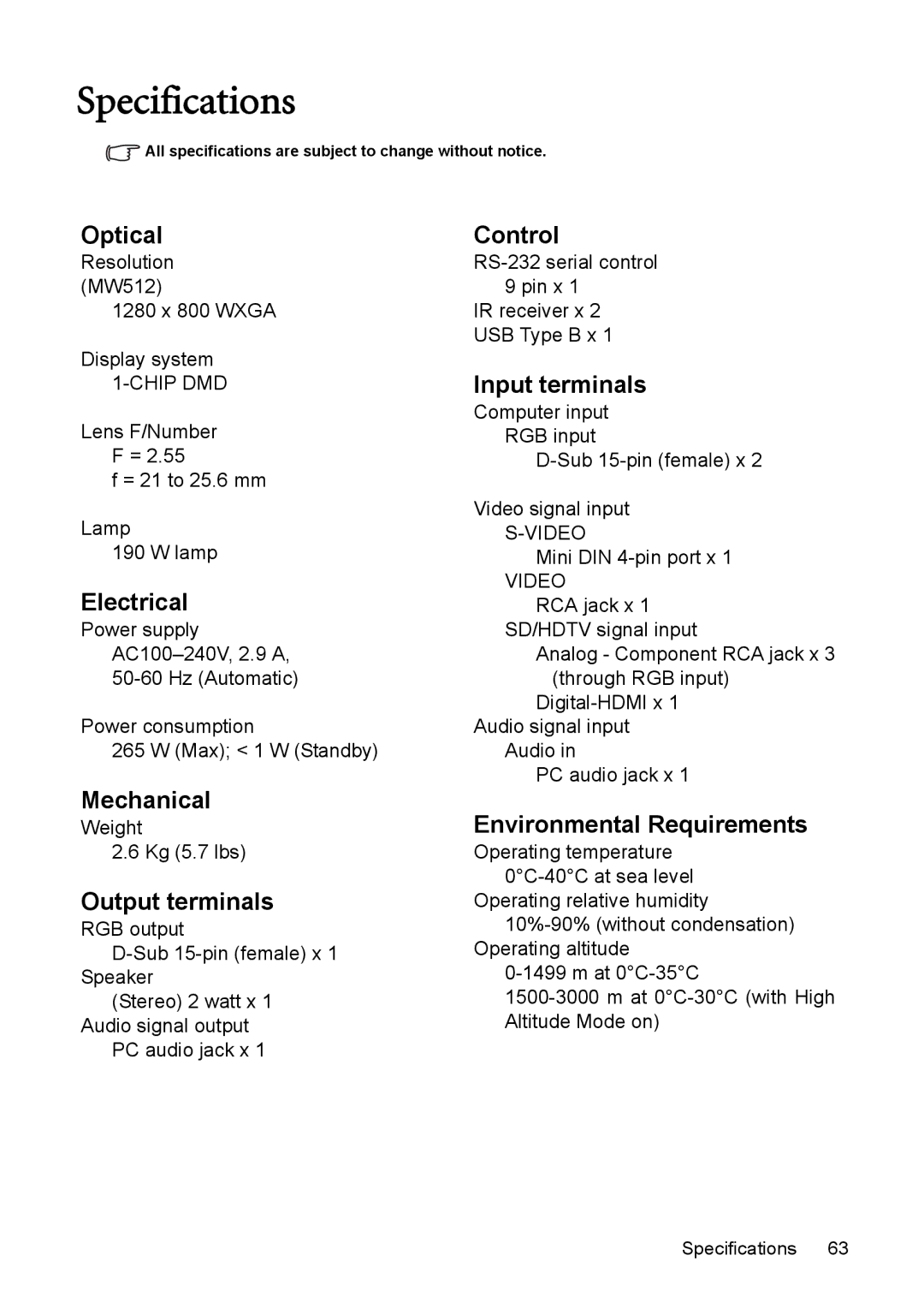 BenQ MW512 user manual Specifications, Optical 