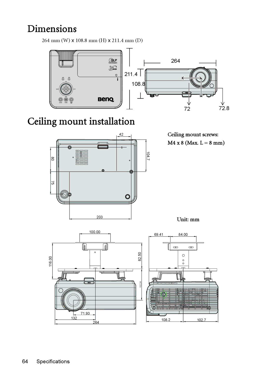 BenQ MW512 user manual Dimensions, Ceiling mount installation, Ceiling mount screws, Unit mm 