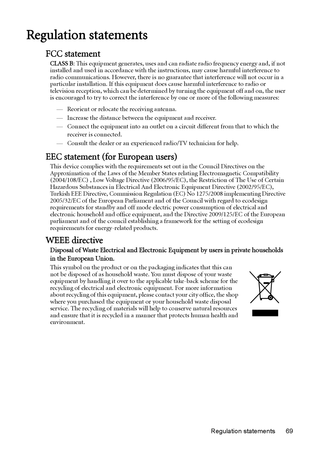 BenQ MW512 user manual Regulation statements, FCC statement 