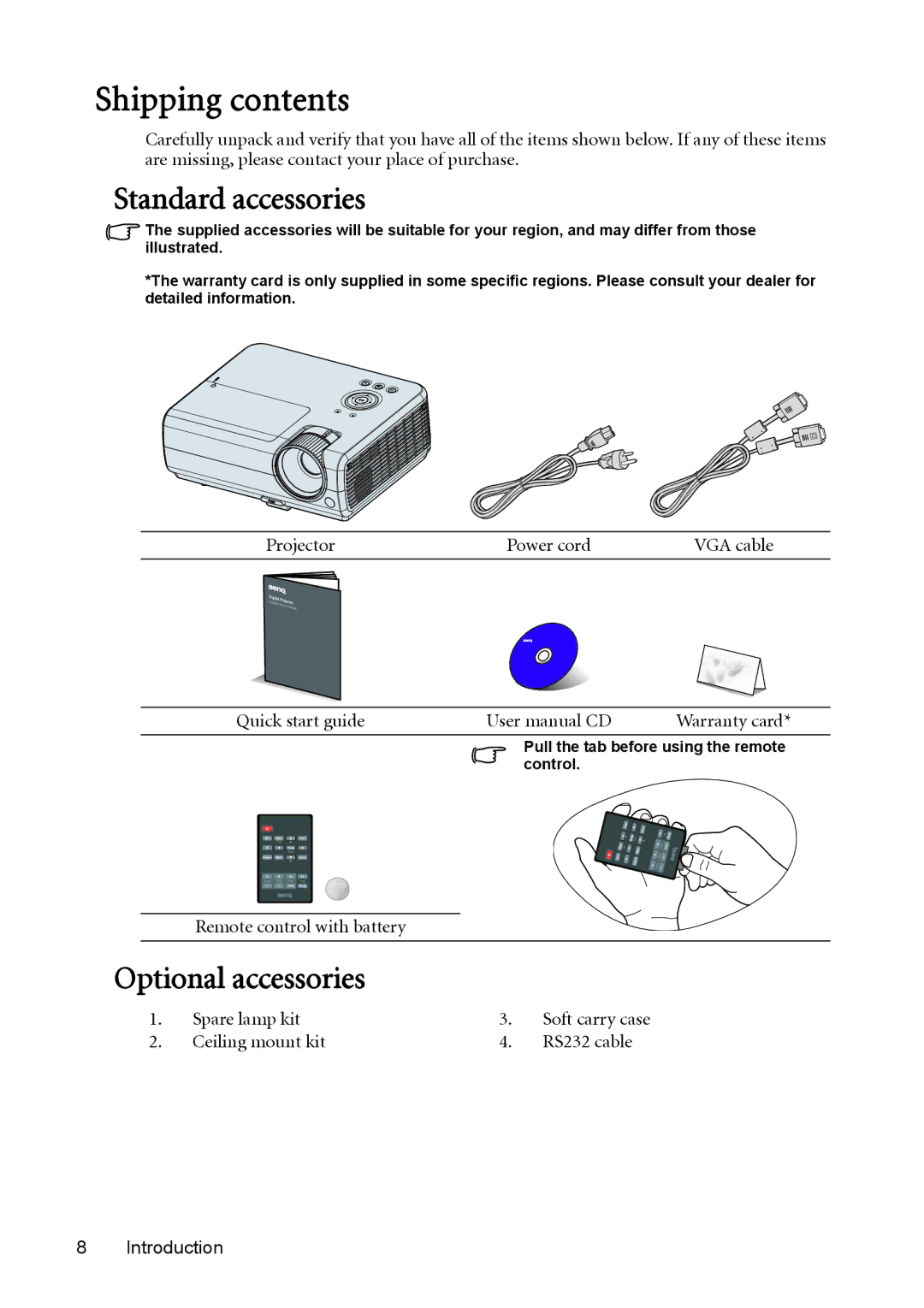 BenQ MW512 user manual Shipping contents 