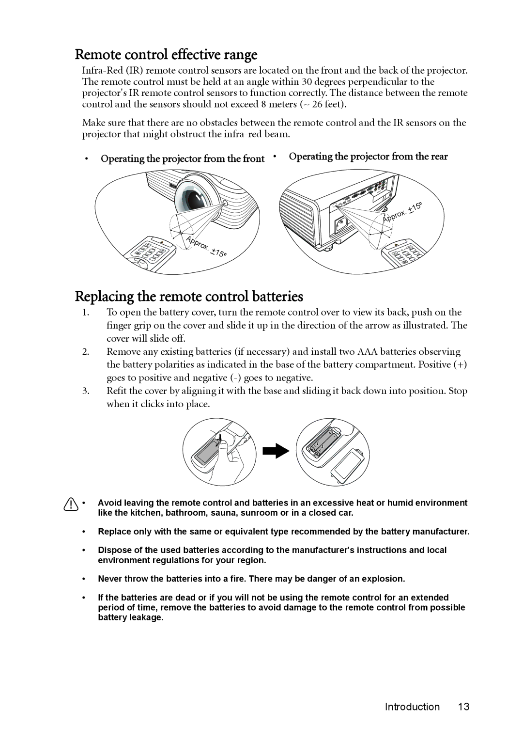 BenQ MX812ST, MW811ST user manual Remote control effective range, Replacing the remote control batteries, Approx.+15º 