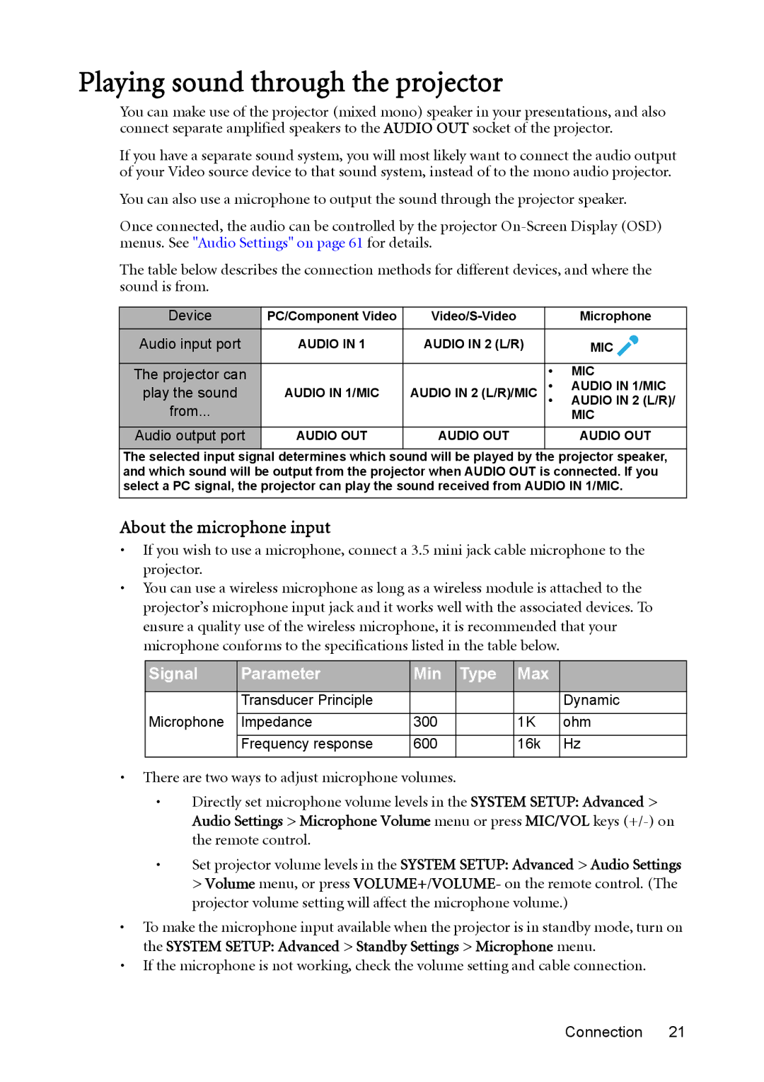 BenQ MX812ST, MW811ST user manual Playing sound through the projector, About the microphone input, Device 