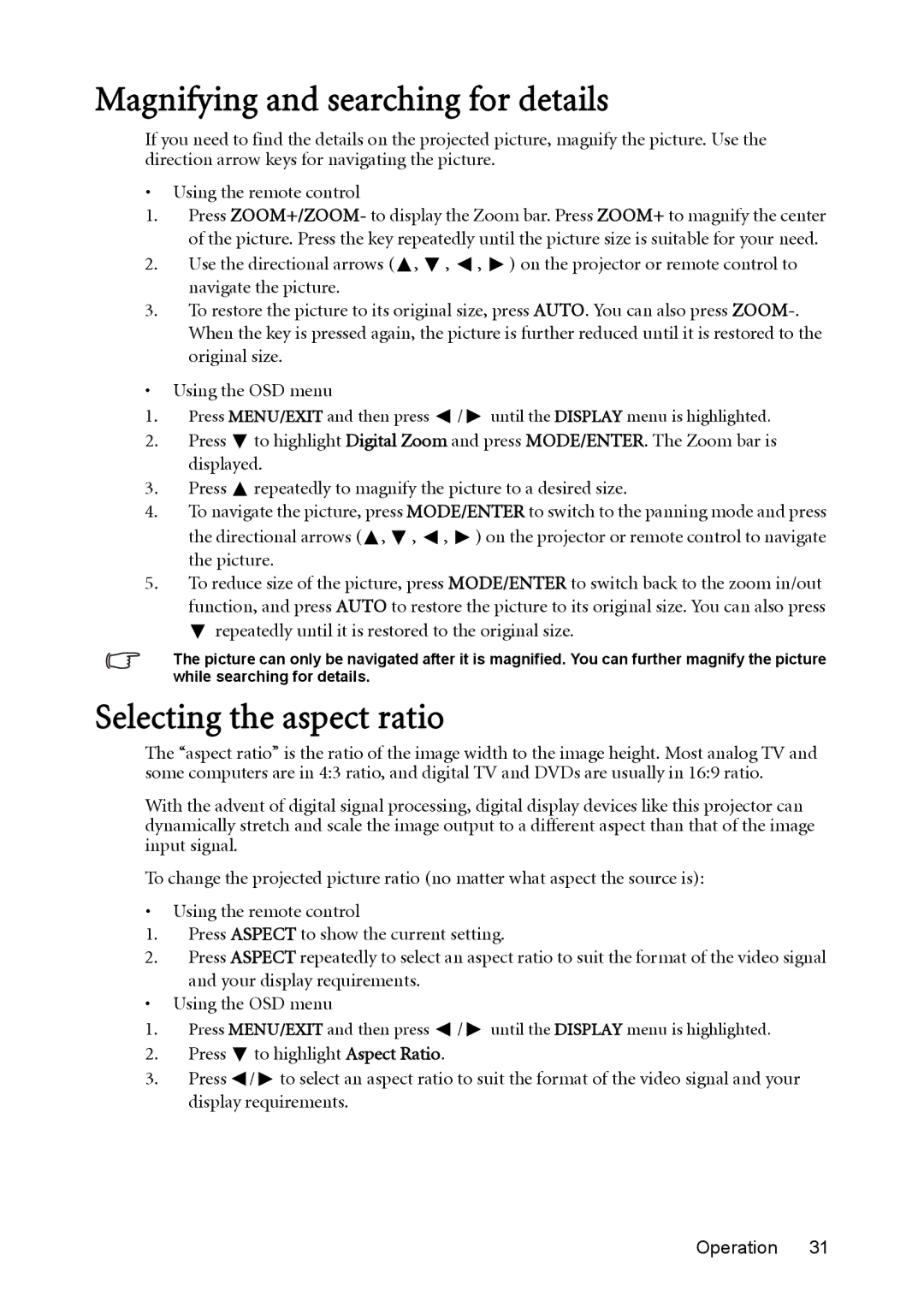 BenQ MX812ST, MW811ST user manual Magnifying and searching for details, Selecting the aspect ratio 